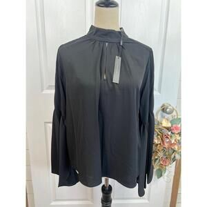 T Tahari Blouse Womens Size M Black Mock Neck Keyhole Large Bell Sleeve Chic